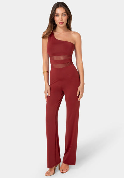One Shoulder Jumpsuit with Mesh Waist Wine - bebe