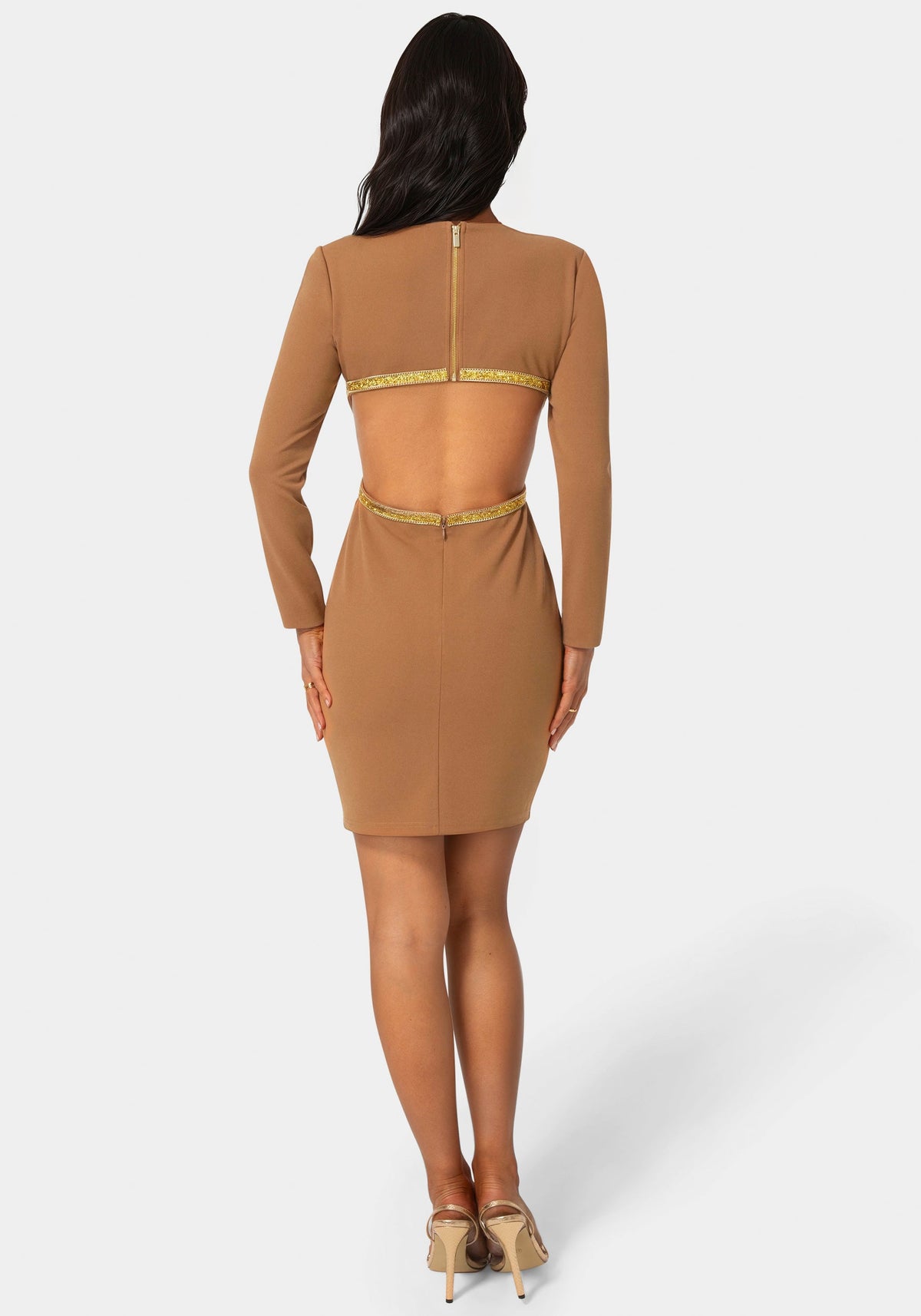 Long Sleeve Open Back Midi with Rhinestone Trim Mocha/Gold - bebe