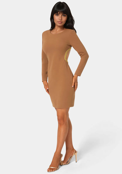 Long Sleeve Open Back Midi with Rhinestone Trim Mocha/Gold - bebe