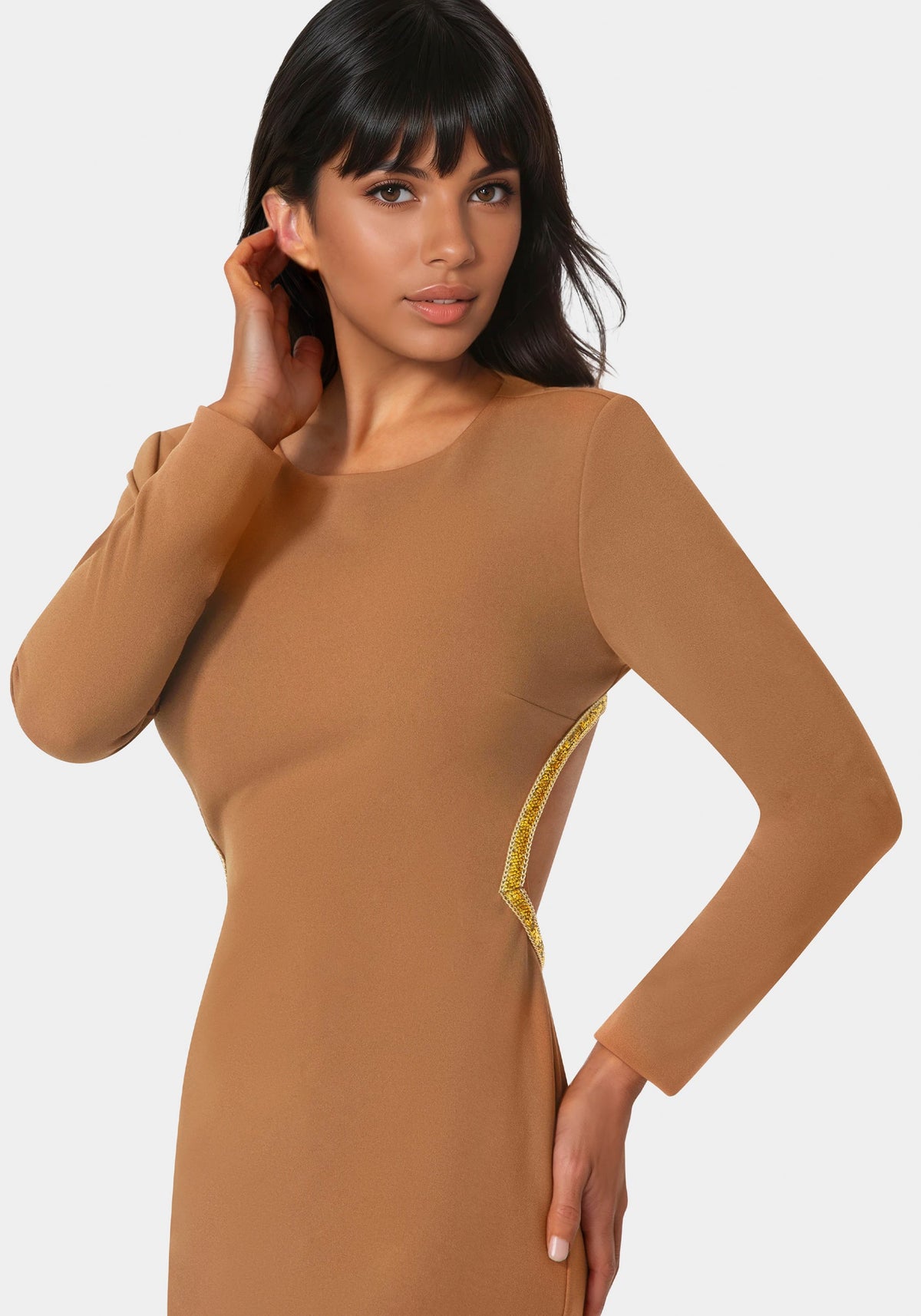 Long Sleeve Open Back Midi with Rhinestone Trim Mocha/Gold - bebe