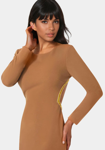 Long Sleeve Open Back Midi with Rhinestone Trim Mocha/Gold - bebe