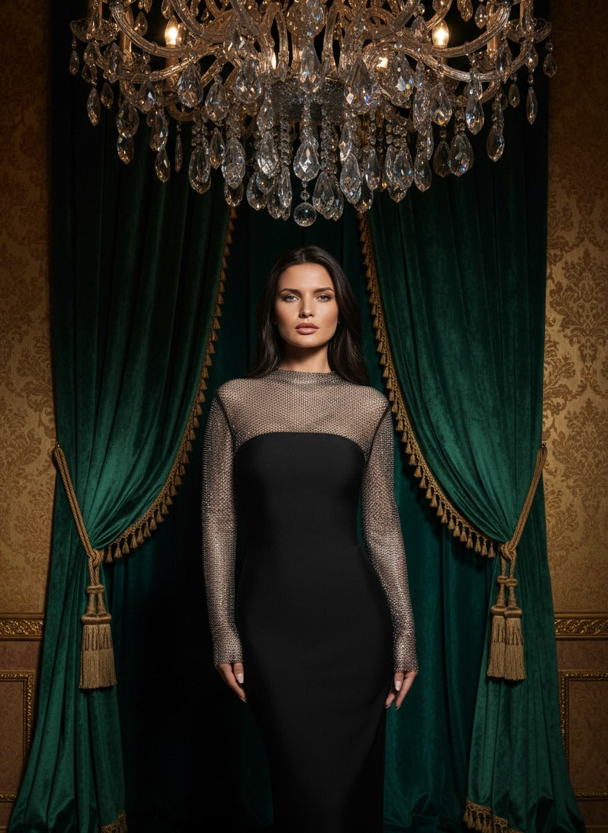 Long Sleeve Bandage Midi Dress with Crystal Mesh Combo Black - bebe