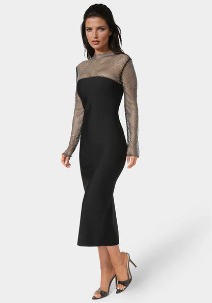 Long Sleeve Bandage Midi Dress with Crystal Mesh Combo Black - bebe