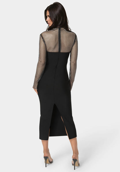 Long Sleeve Bandage Midi Dress with Crystal Mesh Combo Black - bebe