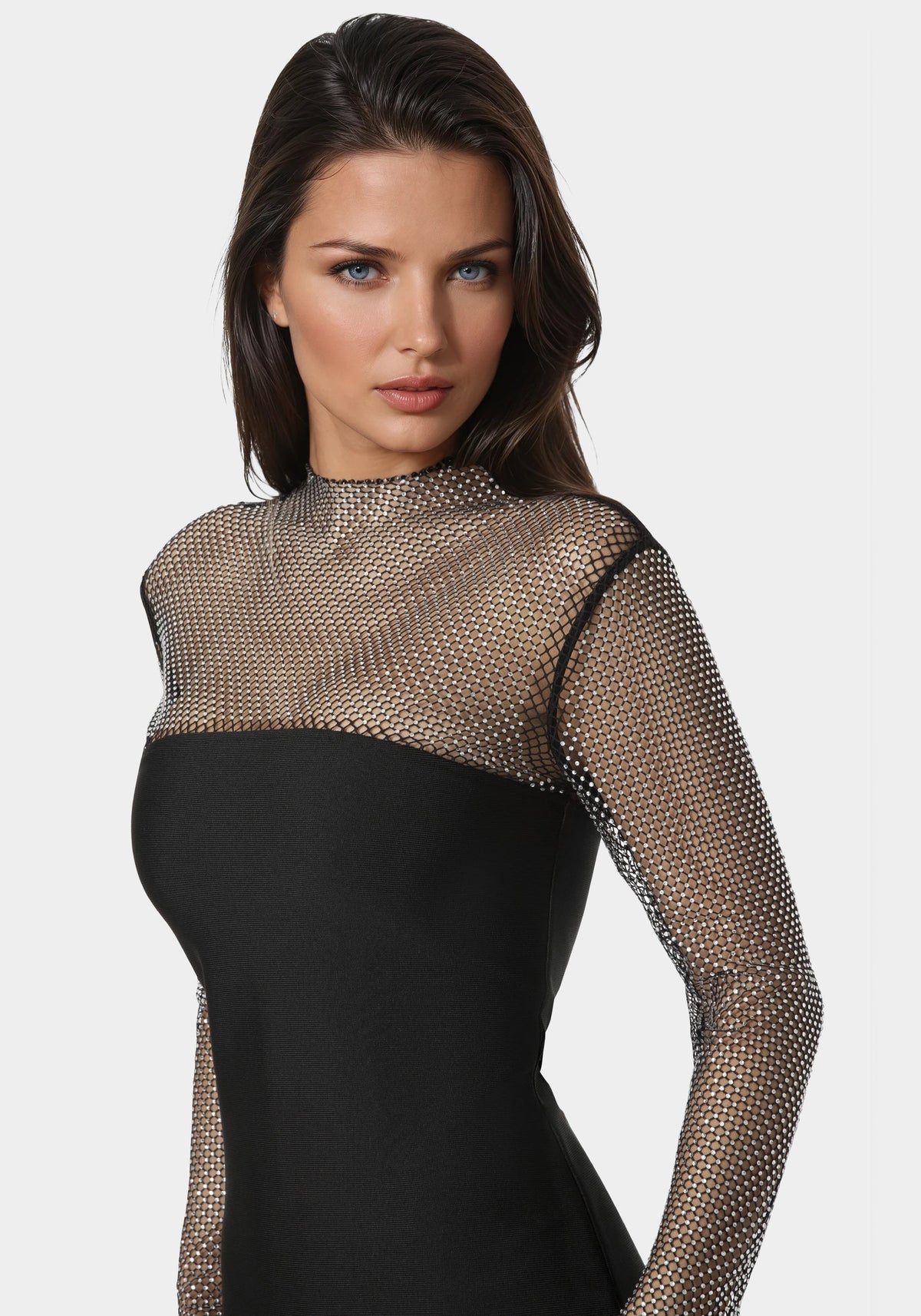 Long Sleeve Bandage Midi Dress with Crystal Mesh Combo Black - bebe