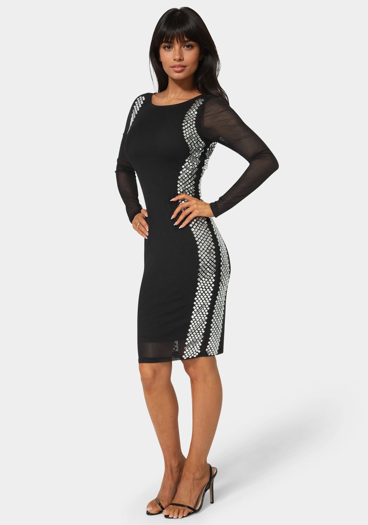 BodyCon Embellished Knee Length Dress Black/Silver - bebe