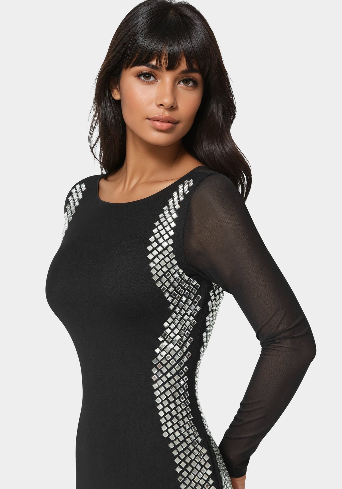BodyCon Embellished Knee Length Dress Black/Silver - bebe