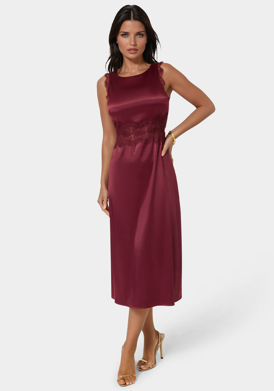 Satin Lace Insert Midi Dress Wine - bebe