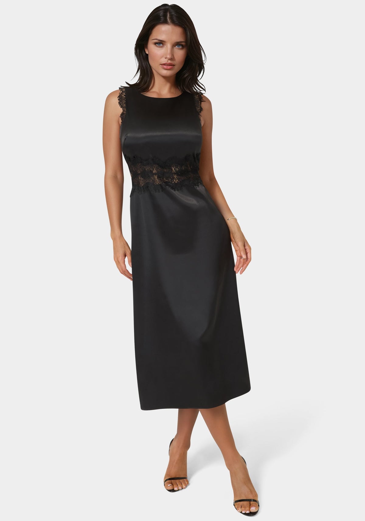 Satin Lace Insert Midi Dress Black - bebe
