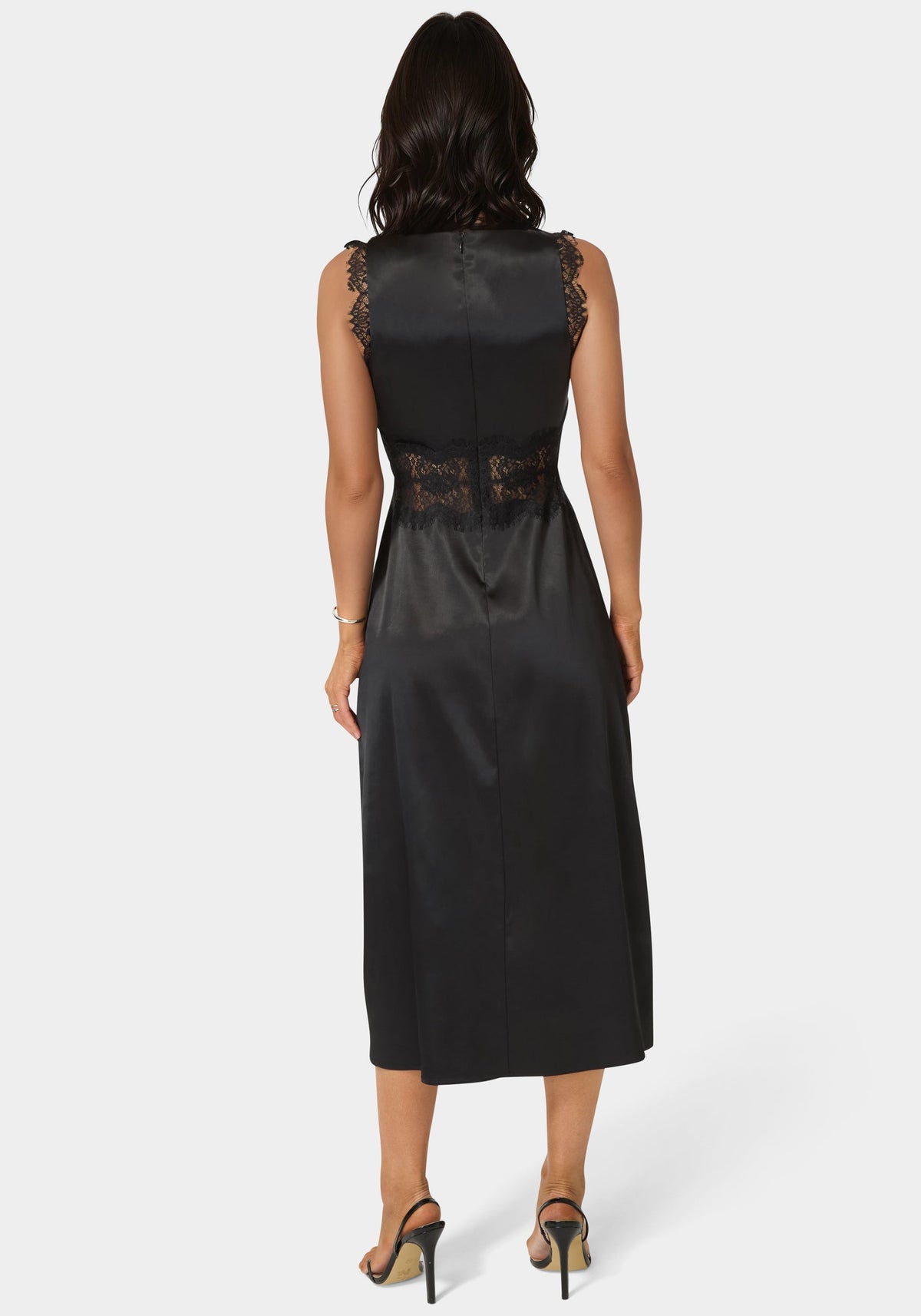 Satin Lace Insert Midi Dress Black - bebe