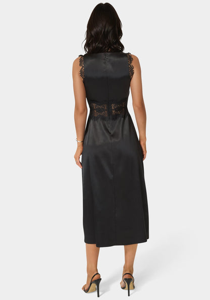 Satin Lace Insert Midi Dress Black - bebe