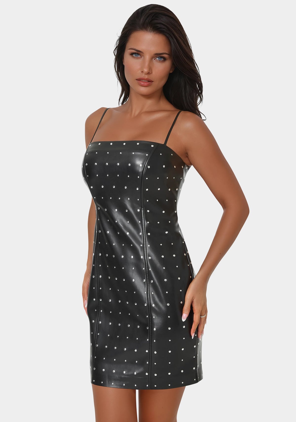 Faux Leather Stud Mini Dress Black/Silver - bebe