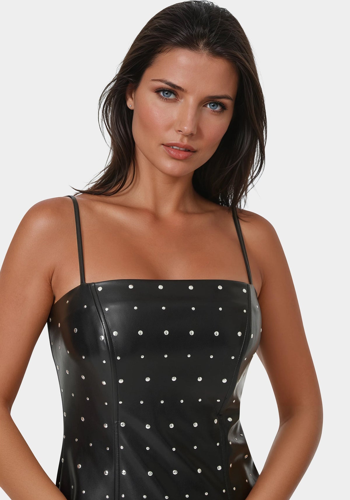 Faux Leather Stud Mini Dress Black/Silver - bebe