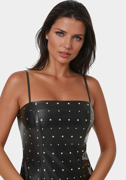 Faux Leather Stud Mini Dress Black/Silver - bebe