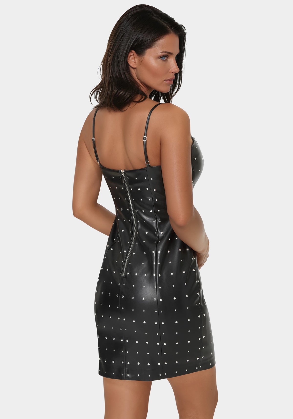 Faux Leather Stud Mini Dress Black/Silver - bebe
