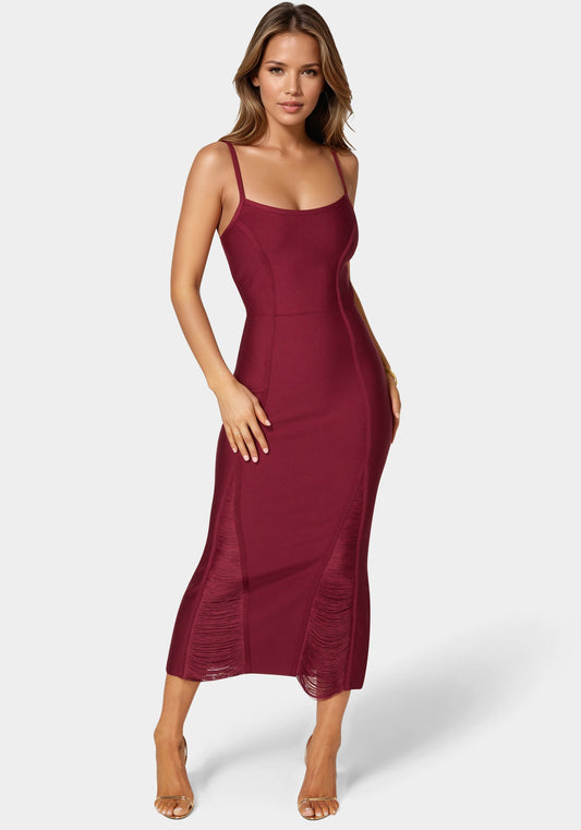 Fringed Bandage Midi Dress Burgundy - bebe