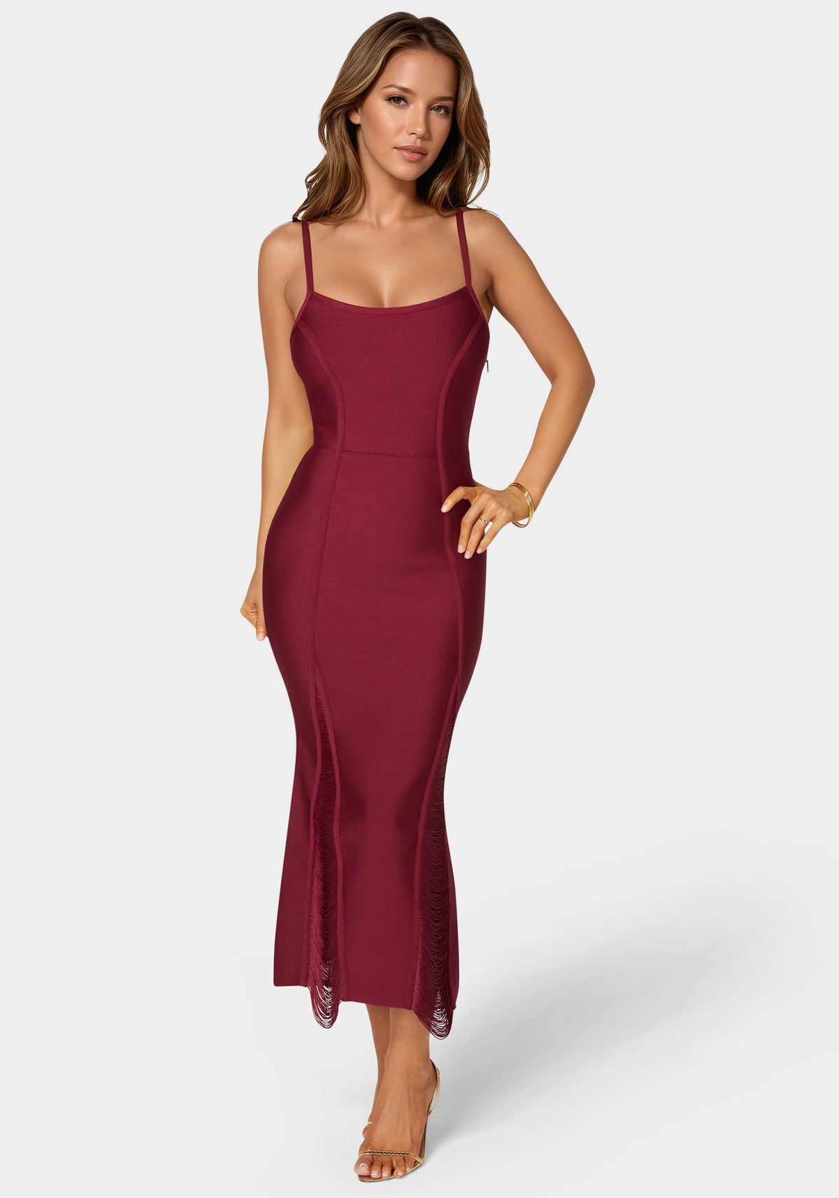 Fringed Bandage Midi Dress Burgundy - bebe