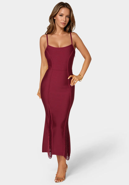Fringed Bandage Midi Dress Burgundy - bebe