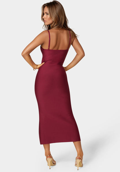 Fringed Bandage Midi Dress Burgundy - bebe