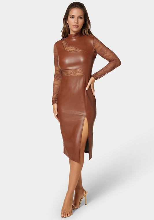 Faux Leather Lace Illusion Midi Dress Caramel - bebe