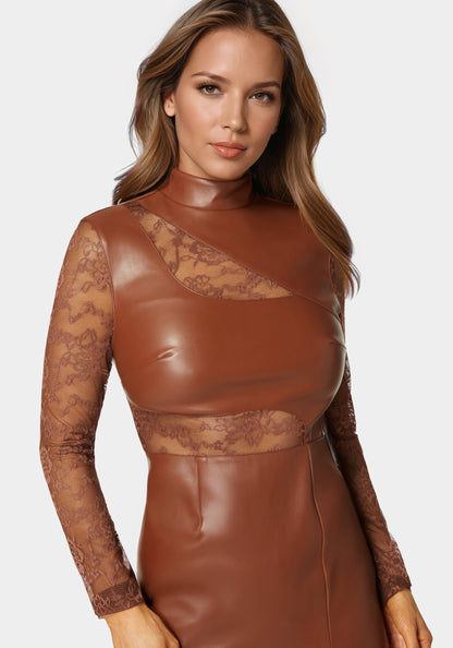 Faux Leather Lace Illusion Midi Dress Caramel - bebe