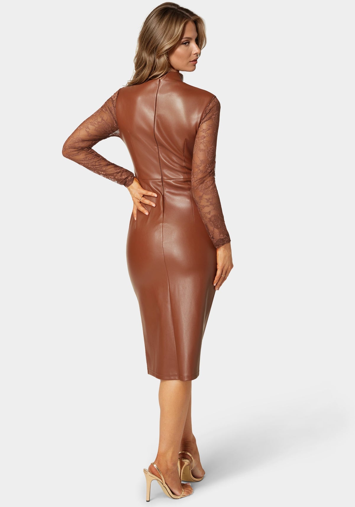 Faux Leather Lace Illusion Midi Dress Caramel - bebe