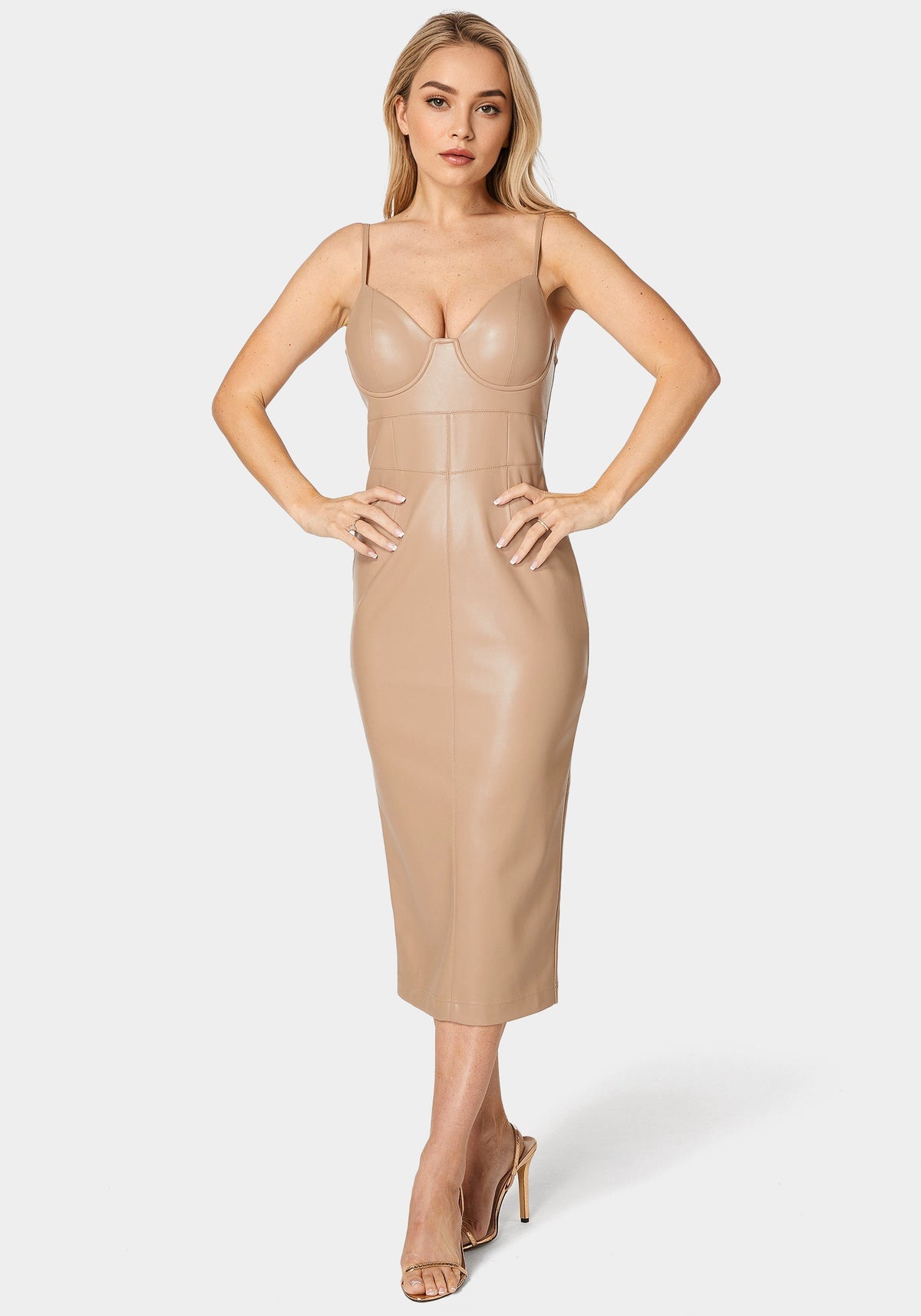 Faux Leather Bustier Midi Dress Nude - bebe Nude - bebe