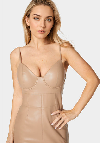 Faux Leather Bustier Midi Dress Nude - bebe Nude - bebe