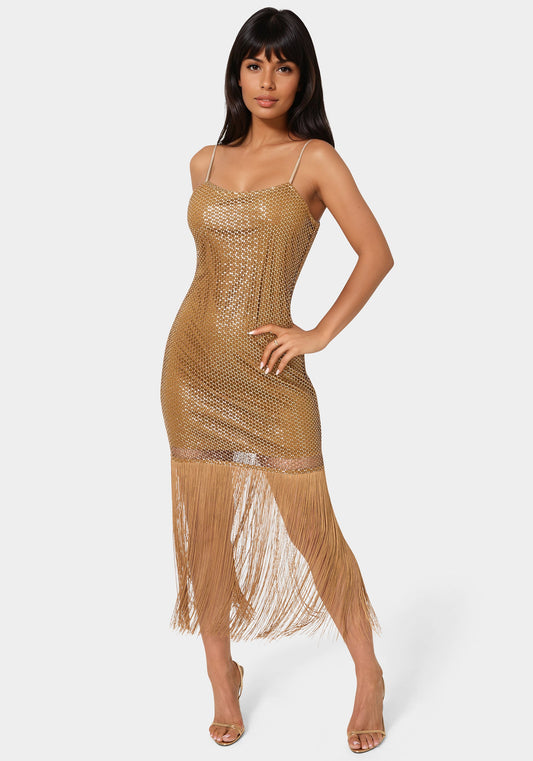 Sequin Crochet Fringe Dress Bronze - bebe