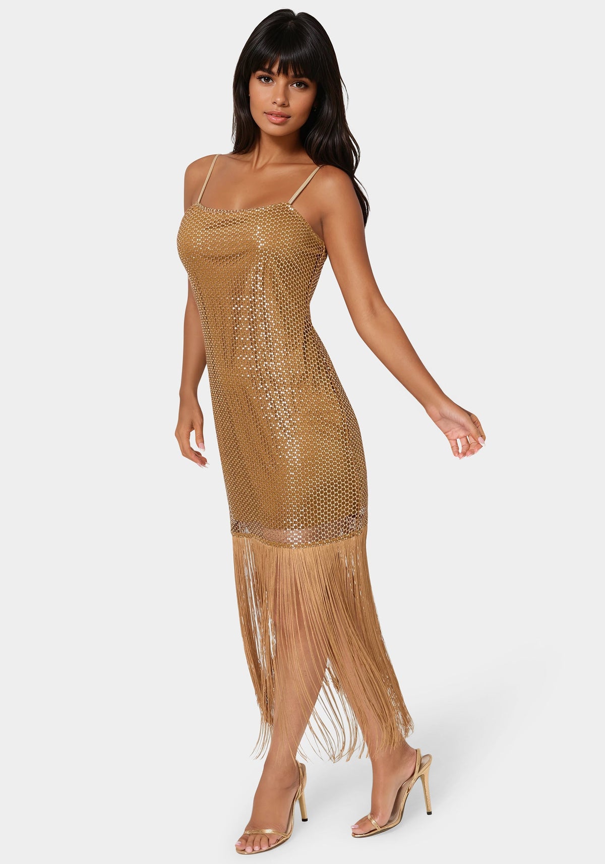 Sequin Crochet Fringe Dress Bronze - bebe