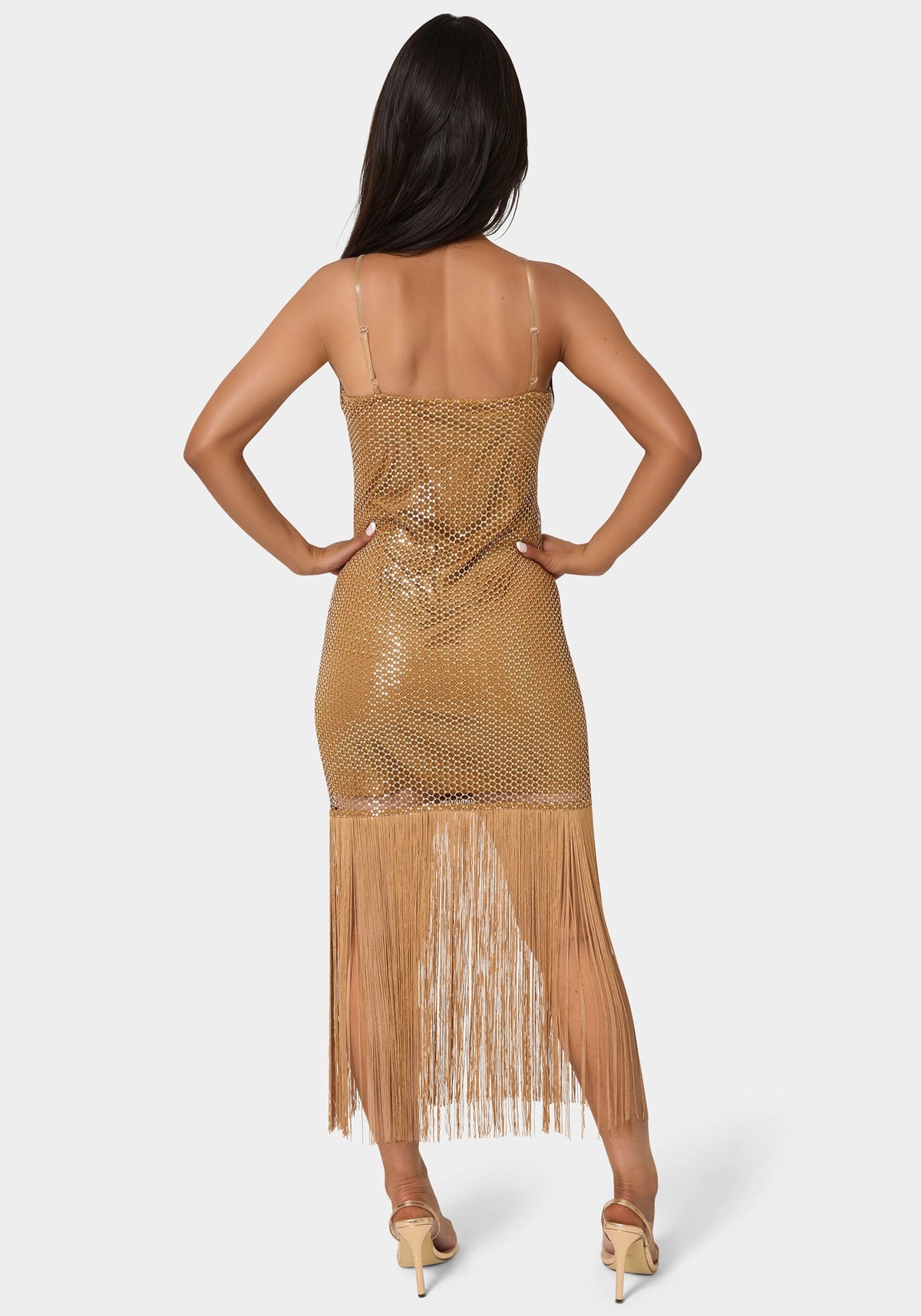 Sequin Crochet Fringe Dress Bronze - bebe