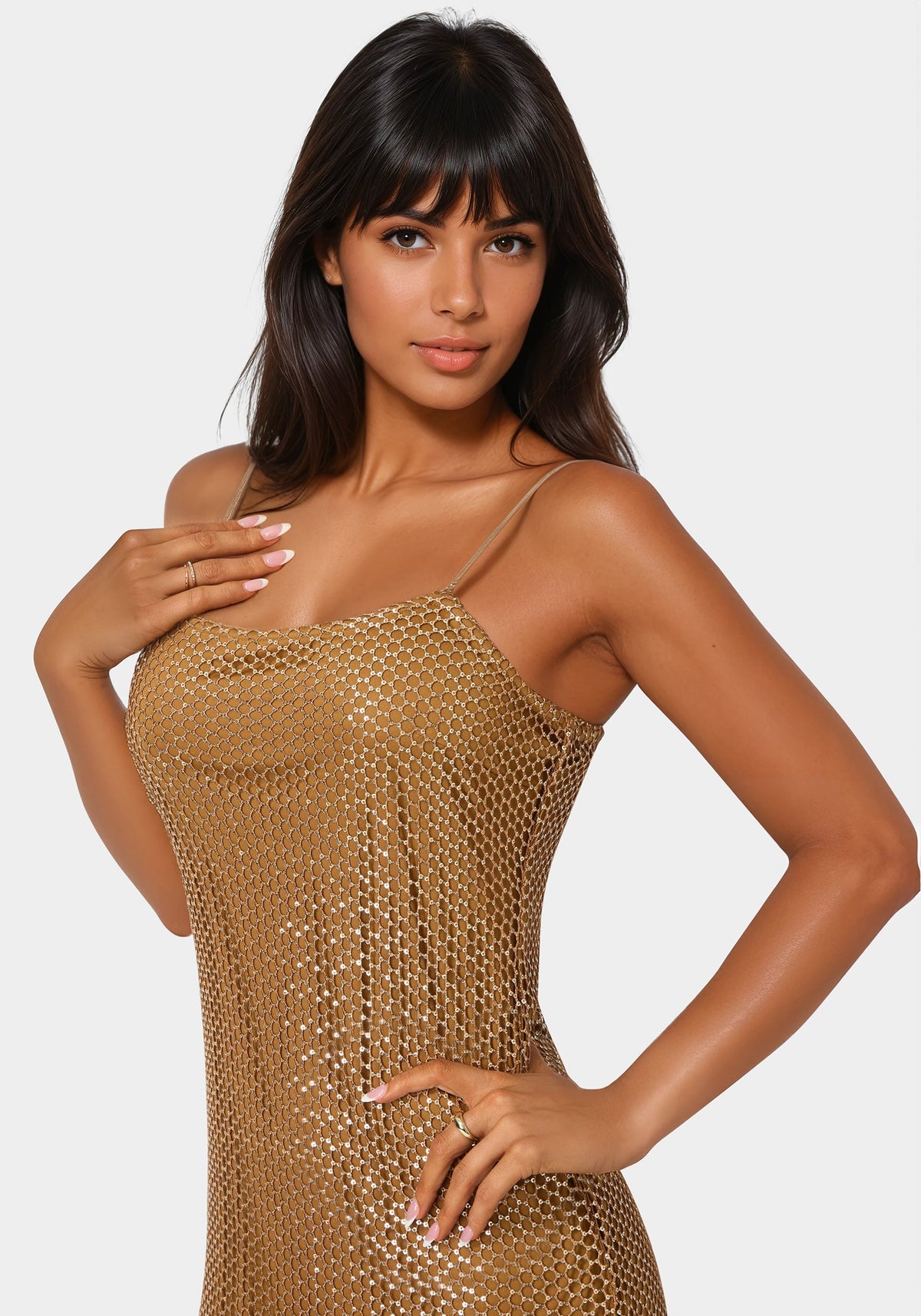 Sequin Crochet Fringe Dress Bronze - bebe