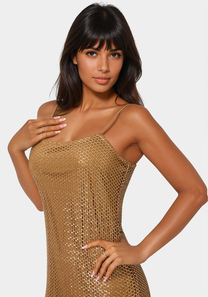 Sequin Crochet Fringe Dress Bronze - bebe