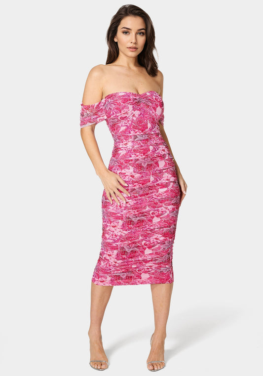 Ruched Midi Dress Pink Paisley - bebe Pink Paisley - bebe