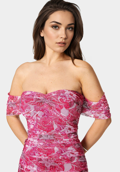 Ruched Midi Dress Pink Paisley - bebe Pink Paisley - bebe