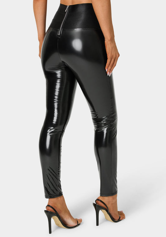 High Waist Elastic Waistband Shiny Vegan Leather Legging Black - bebe