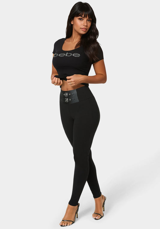 High Waist Vegan Leather Belt Legging Black - bebe