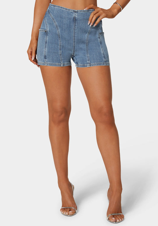 Side Pocket Stitch Detailed Denim Shorts Medium Blue Wash - bebe