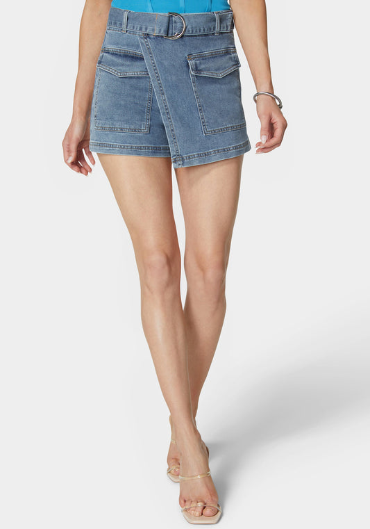 Belted Patch Pocket Mini Denim Skort Medium Blue Wash - bebe