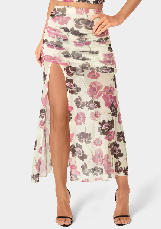 Maxi Mesh Shirred Skirt Wild Garden Prt - bebe