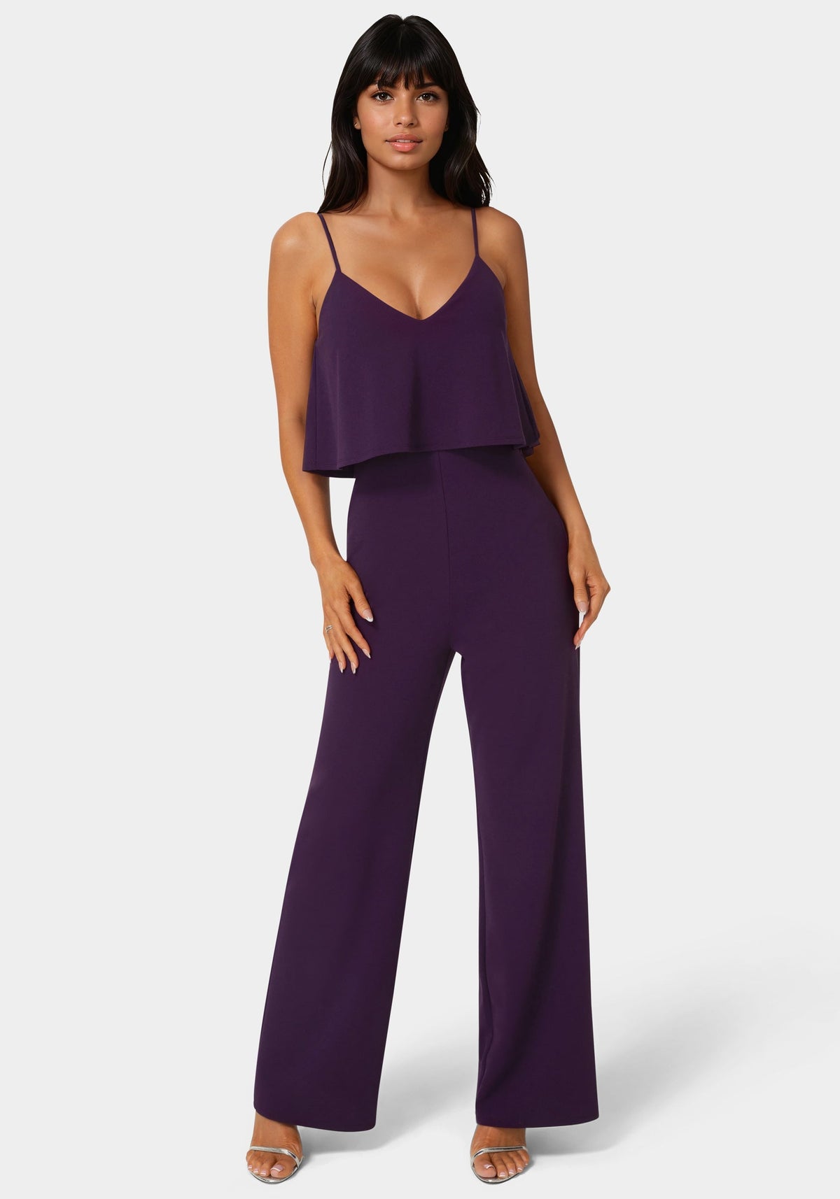 Ruffle Wide Leg Jumpsuit Eggplant - bebe