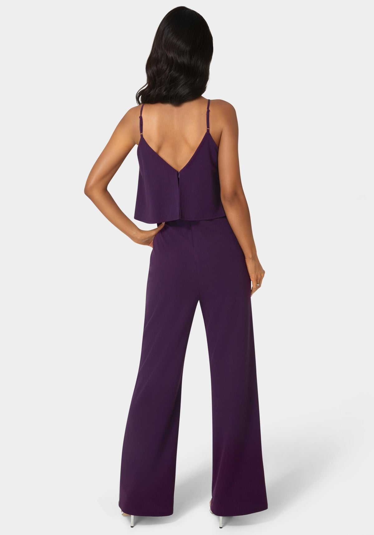 Ruffle Wide Leg Jumpsuit Eggplant - bebe