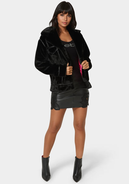 Vegan Leather Trim Faux Fur Jacket Black - bebe