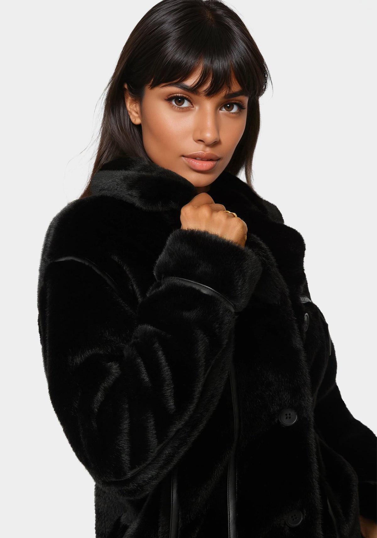 Vegan Leather Trim Faux Fur Jacket Black - bebe