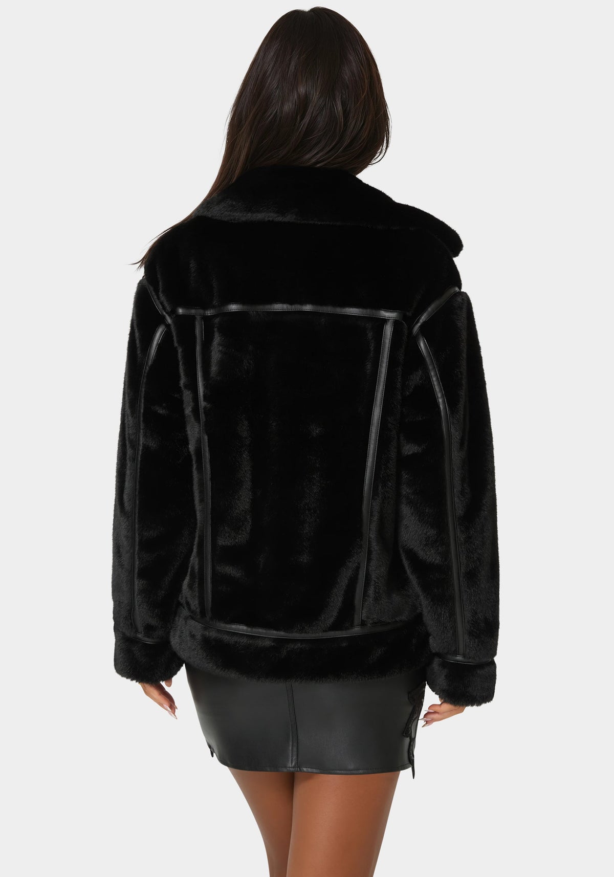 Vegan Leather Trim Faux Fur Jacket Black - bebe