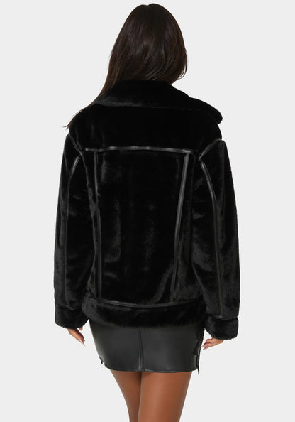Vegan Leather Trim Faux Fur Jacket Black - bebe