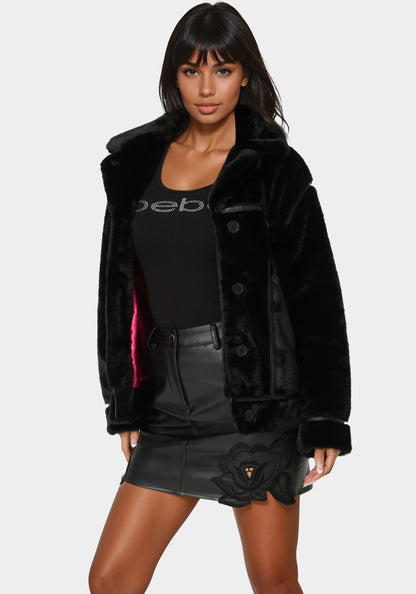 Vegan Leather Trim Faux Fur Jacket Black - bebe