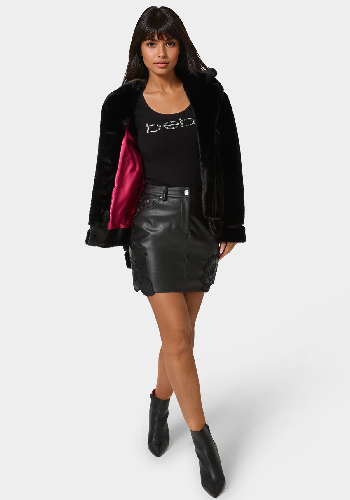 Vegan Leather Trim Faux Fur Jacket Black - bebe