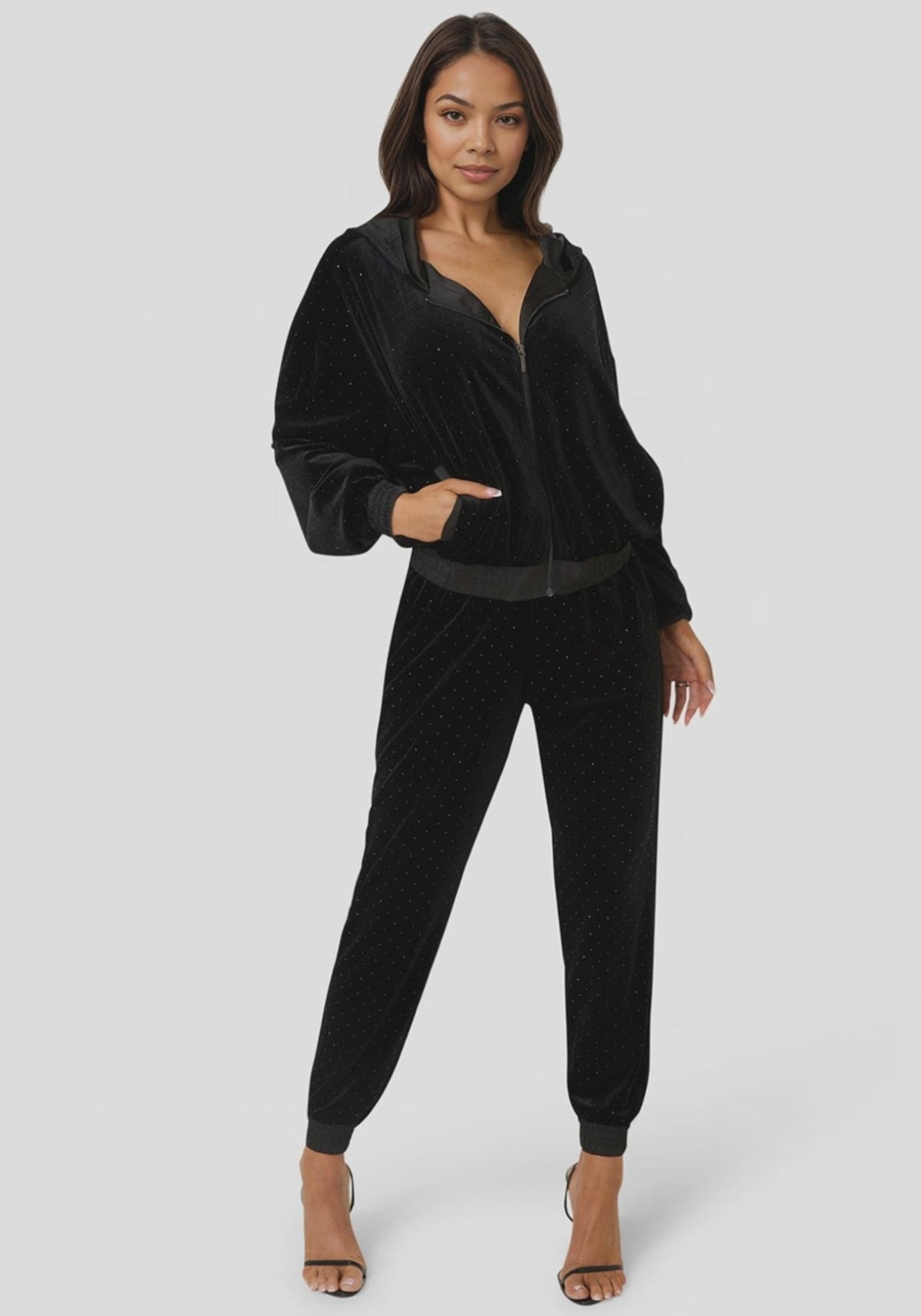 Embellished Zip Up Hoodie Black - bebe