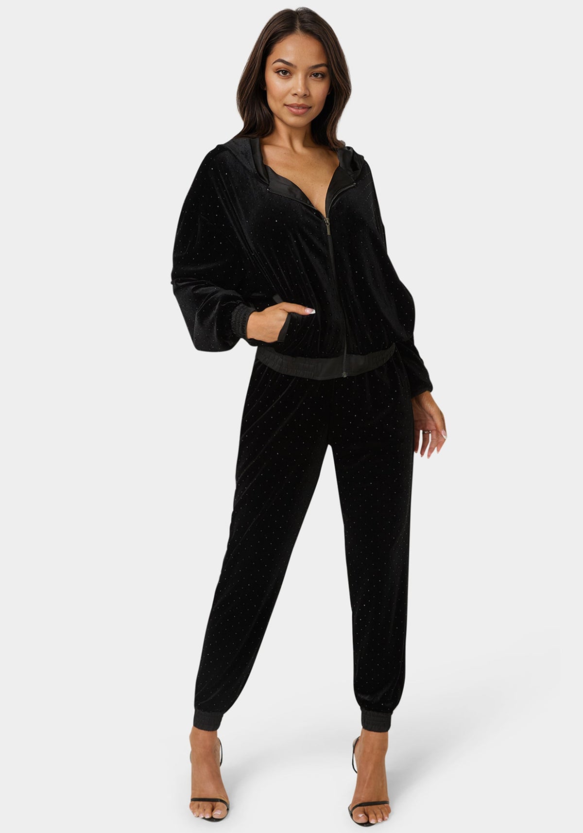 Embellished Zip Up Hoodie Black - bebe